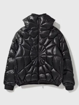 Front view of the black Moncler x Spiderman Padded Jacket putting the full Moncler x Spider-Man luxury collaboration design on bold display
