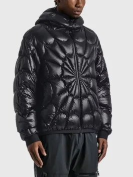 Model view of the black Moncler x Spiderman Padded Jacket showcasing the full luxurious fit of this iconic Moncler x Spider-Man collaboration piece