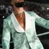 Mint green suiting fabric RAW Seth Rollins Floral Blazer featuring floral jacquard detailing, a shawl lapel collar, and button closure.