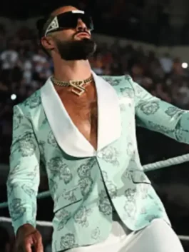 Mint green suiting fabric RAW Seth Rollins Floral Blazer featuring floral jacquard detailing, a shawl lapel collar, and button closure.