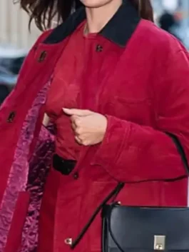 Close-up of the shirt style collar on the red cotton Monica Barbaro New York City 2026 Jacket with button closure.