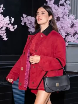 Red cotton Monica Barbaro New York City 2026 Jacket highlighting a soft inner viscose lining and classic button cuffs.