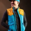 Front view of the blue cotton corduroy Morgan Wallen Atlanta Vest showcasing the stand up collar and front hardware.