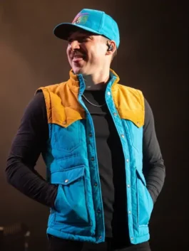 Front view of the blue cotton corduroy Morgan Wallen Atlanta Vest showcasing the stand up collar and front hardware.