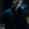 Navy blue Most Dangerous Game Liam Hemsworth Jacket in satin with a warm viscose lining and a stand up collar.