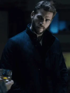 Navy blue Most Dangerous Game Liam Hemsworth Jacket in satin with a warm viscose lining and a stand up collar.