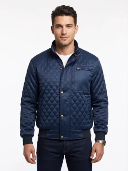 Front view of the navy blue satin Most Dangerous Game Liam Hemsworth Jacket featuring zipper and snap tab closures.