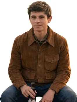 Close-up of the brown suede leather My Life with the Walter Boys Alex Walter Suede Jacket detailing the shirt style collar and buttons.