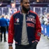 Navy blue and red LeBron James Philadelphia 76ers Varsity Jacket highlighting four practical storage pockets.