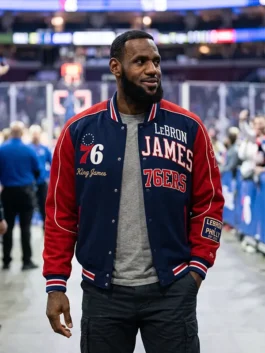 Navy blue and red LeBron James Philadelphia 76ers Varsity Jacket highlighting four practical storage pockets.