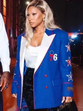 Blue suiting fabric Savannah James Philadelphia 76ers Blazer featuring a lapel collar and double breasted button closure.