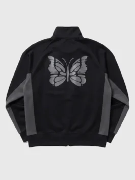 Black fleece NEEDLES x FILA Track Jacket featuring a stand up collar and front zipper closure.