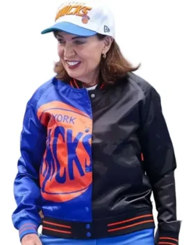 Closeup look of Kathy Hochul NY Knicks Victory Parade 2026 varsity bomber jacket with rib knit details