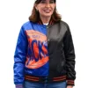 Kathy Hochul Knicks Victory Parade Varsity Jacket front view with blue satin body and sporty trim