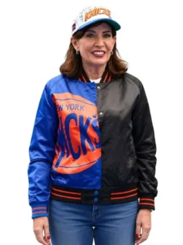 Kathy Hochul Knicks Victory Parade Varsity Jacket front view with blue satin body and sporty trim