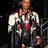 Front profile of the multicolor real leather NYC 2026 Simone Ashley Leather Jacket showcasing full length sleeves and paneling details.