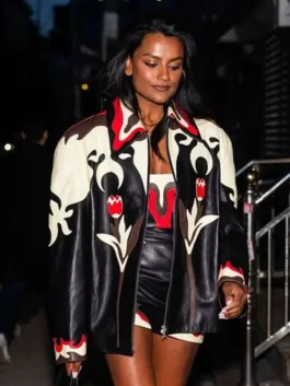 Front profile of the multicolor real leather NYC 2026 Simone Ashley Leather Jacket showcasing full length sleeves and paneling details.