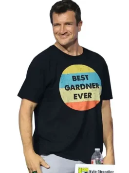 Close-up of the black polyester Nathan Fillion Comic-Con 2026 T-Shirt detailing the round neck collar and half sleeves.