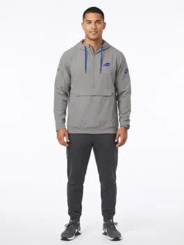 Close-up of the grey polyester Buffalo Bills Sideline Broken Rules Jacket detailing the hooded collar and half zipper.