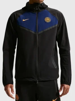 Front view of the black cotton Inter Milan Nike Tech Windrunner Jacket highlighting three practical storage pockets.