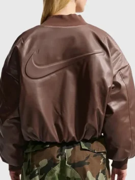 Back view of the brown Nike Womens Therma Fit Bomber Jacket revealing the full design of this iconic Nike women's leather bomber piece