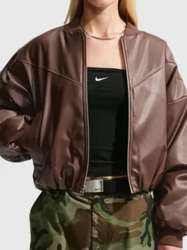Front view of the brown Nike Womens Therma Fit Bomber Jacket putting the full Nike women's leather bomber design on bold display