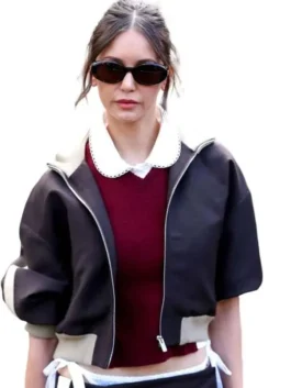 Nina Dobrev PFW 2026 Cropped Jacket in rich brown cotton showing premium stitching and zippered front.