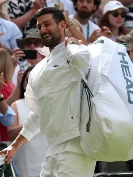 Novak Djokovic White Lacoste Jacket front full view featuring premium sportswear construction, clean white design, and championship-inspired tennis styling