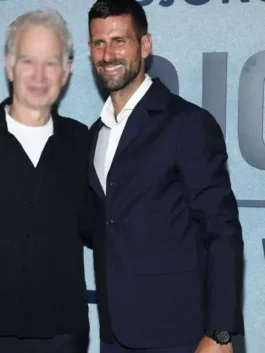 Front profile of navy blue blazer and trouser set from The Wolf In Winter Novak Djokovic Navy Suit detailing full length sleeves and clean tailoring.