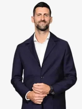 Navy blue suiting fabric Novak Djokovic The Wolf In Winter suit featuring a blazer with lapel collar and matching trousers.
