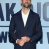 Close-up front view of the navy blue blazer from The Wolf In Winter Novak Djokovic Navy Suit highlighting the lapel collar and button front.