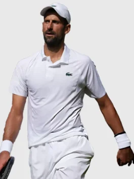 Novak Djokovic White Lacoste Shirt featuring premium performance fabric, lightweight comfort, and classic Wimbledon-inspired sportswear styling