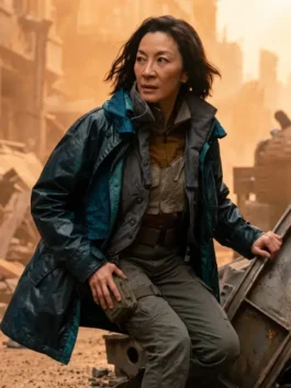 Full front profile of the blue parachute Blade Runner 2099 Michelle Yeoh Coat highlighting full length sleeves and long coat drape.