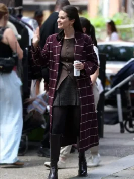 Burgundy wool Selena Gomez Only Murders In the Building Burgundy Wool Coat featuring a lapel collar and button closure.