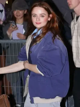 Front view of the blue cotton PFW 2026 Joey King Blue Jacket showcasing full length sleeves and clean tailored stitching.