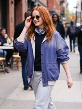 Full front view of the blue cotton PFW 2026 Joey King Blue Jacket highlighting three functional utility pockets.