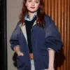 Close-up front profile of the blue cotton PFW 2026 Joey King Blue Jacket detailing the button front and stand up collar.