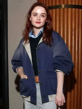 Close-up front profile of the blue cotton PFW 2026 Joey King Blue Jacket detailing the button front and stand up collar.