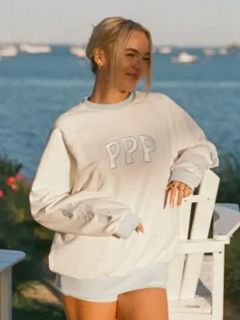 Front view of PPP Classic Crewneck Sweatshirt in white featuring a timeless crewneck design, soft fabric, and everyday comfort