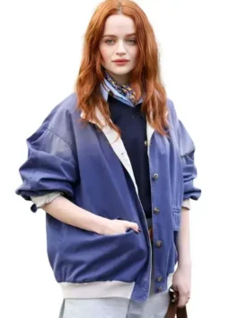 Blue cotton PFW 2026 Joey King Blue Jacket featuring a stand up collar and front button closure.