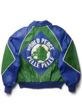 Swizz Beatz World Peace Leather Jacket featuring a vibrant green and blue real leather design with ribbed cuffs.