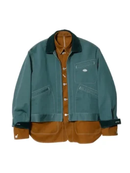Stylish People x Dickies Jacket showing the navy blue and grey cotton fabric with full-length sleeves and pockets.