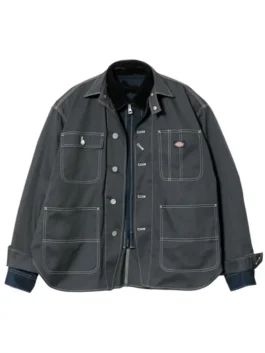 Front view of the cotton People x Dickies Jacket showing the multiple pockets and classic shirt style collar.
