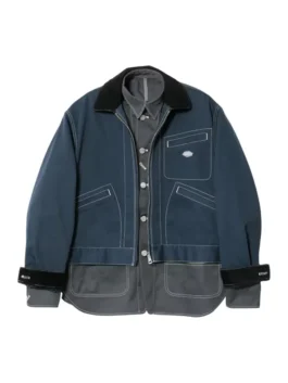 Reversible People x Dickies Jacket in brown and blue cotton with a shirt style collar and button zipper closure.