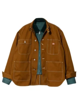 Close-up of the reversible People x Dickies Jacket highlighting the clean cotton material and front closure.