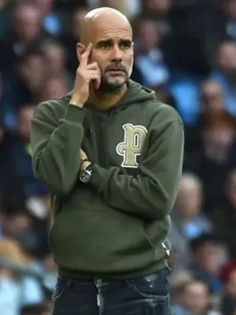 Green parachute fabric Pep Guardiola Green Hoodie highlighting the roomy kangaroo pocket and comfortable fit.