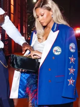 Front profile of the blue suiting fabric Savannah James Philadelphia 76ers Blazer showcasing full length sleeves and tailored fit.