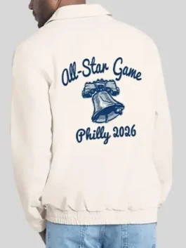 Back view of the Phillies 2026 All Star Game White Jacket in premium cotton fabric with a clean sporty drape.