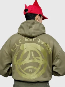 Back view of the Pieces Uniques x PSG SS27 Green Jacket showing the clean fleece drape and cozy hood.