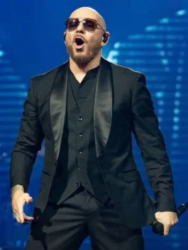 Close-up of the black suiting fabric Pitbull I’m Back Tour 2026 Black Blazer showcasing the shawl lapel and refined black finish.
